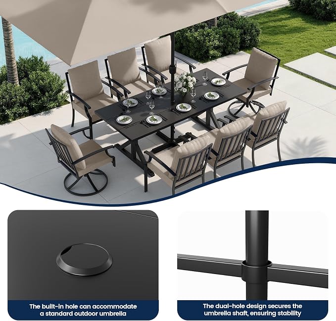 7 Piece Outdoor Dining Set for 6, Metal Patio Table and Chairs with Cushions, Patio Furniture Set with 2 Swivel Chairs, Rectangular Metal Dining Table with Umbrella Hole, Lawn Deck Yard-Sand