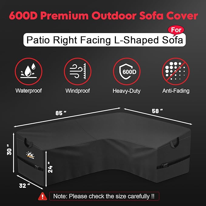 Zettum Outdoor L-Shaped Sectional Cover - 600D Patio Sectional Sofa Cover, Waterproof Patio Furniture Covers for 4-Seater Outdoor Sectional Sofa and Couch, Right Facing, 85x58 Inch Wide