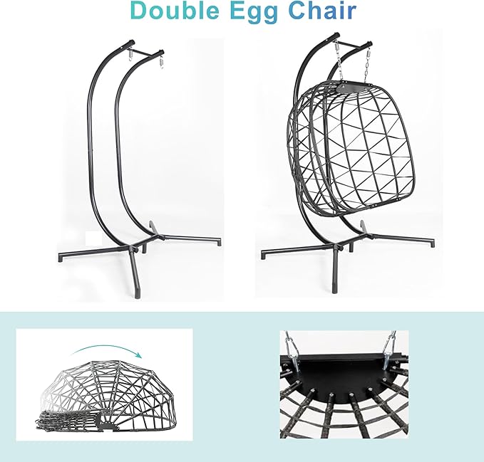 Double Egg Chair with Stand Outdoor Hanging Egg Swing Chair,Wicker Rattan Egg Chair Indoor Loveseat Chair with Cushion 500 lbs Capacity for Bedroom Balcony Patio (Gray+Blue)