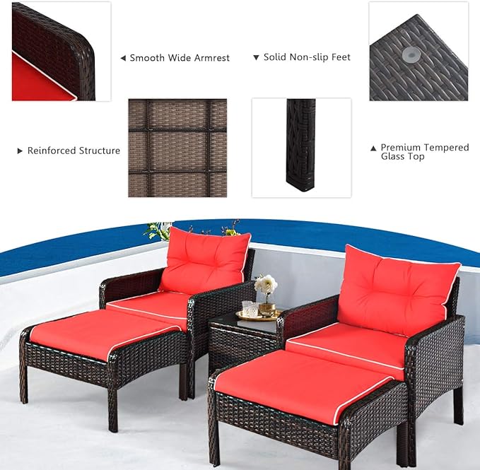 HAPPYGRILL 5PCS Patio Furniture Set Outdoor Rattan Wicker Conversation Set with Coffee Table Cushioned Sofas and Ottoman Chat Set for Garden Backyard