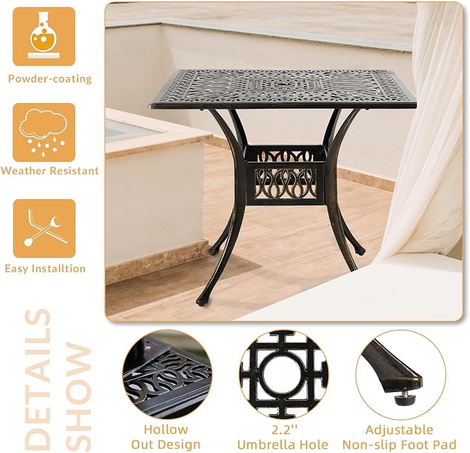 5 Piece Patio Dining Set, Outdoor Table and Chairs Set for 4 Cushioned Swivel Rocking Chairs and 35.4'' Square Table, All-Weather Cast Aluminum Patio Funiture Set, 2.2'' Umbrella Hole, Navy