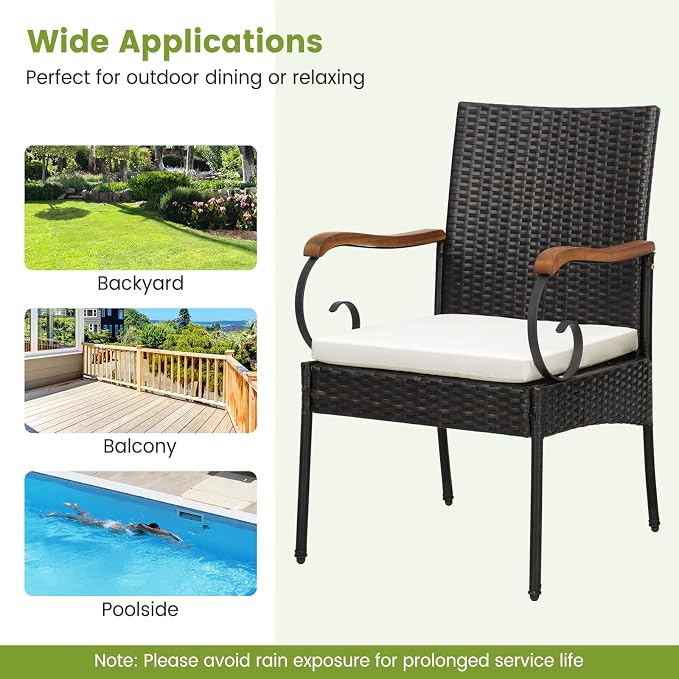 Tangkula 5-Piece Outdoor Dining Set with Acacia Wood Table & 4 Wicker Rattan Armrest Chairs, Detachable Cushions, Umbrella Hole, All-Weather Patio Conversation Furniture Set for Garden Deck Poolside