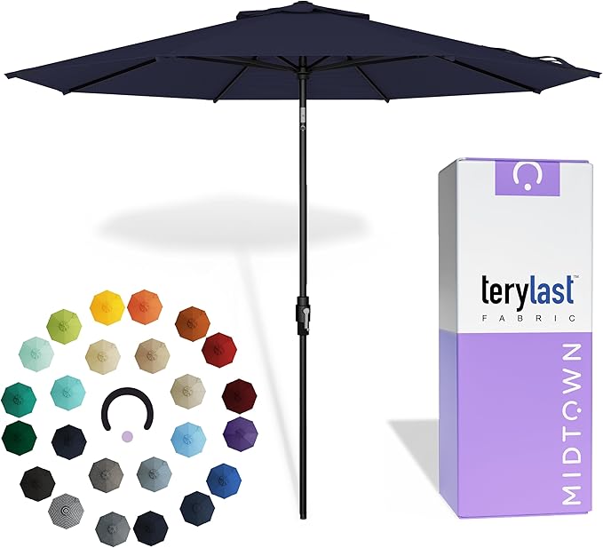 The Swilt 9 Feet Outdoor Umbrella With Terylast Navy (Navy Blue) Polyester Fabric - Fiberglass Ribs, Auto-Tilt And Swivel Aluminum Frame Patio Umbrella For Deck, Garden, Pool - Black Pole