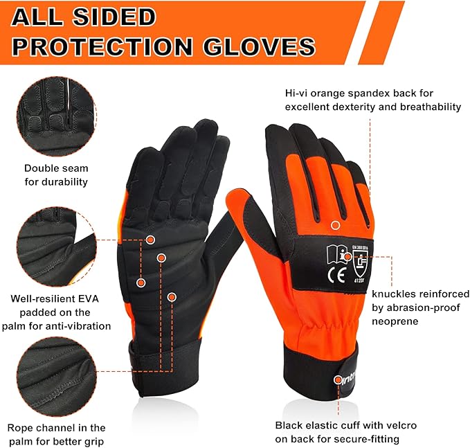 Chainsaw Gloves Saw Protection on Left Hand Back, EN ISO 11393-4, Cut-resistance Gloves Cow leather Palm