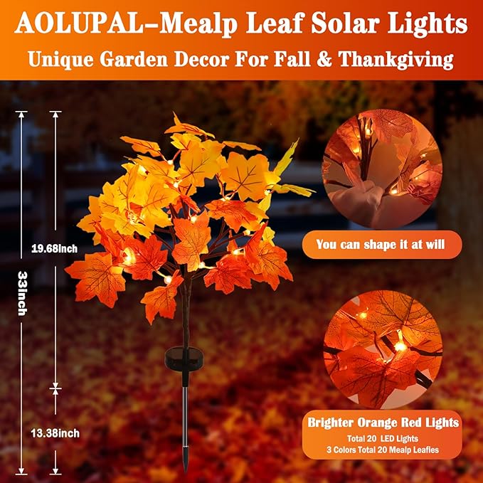Fall Solar Lights Outdoor Decorative, 2Pack 40LED Solar Fall Lights Waterproof for Yard & Garden,Fall Outdoor Decorations for Yard, Maple Leaf Thanksgiving Halloween Christmas Grave Décor (2 Pack)