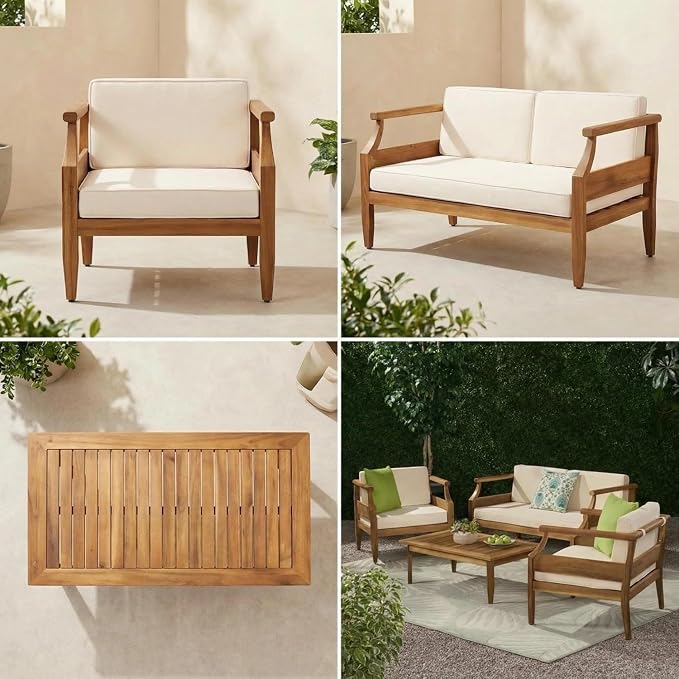 Patio Furniture Set of 4, Outdoor Sectional Furniture with Coffee Table, All-Weather Patio Conversation Set for Backyard, Garden and Poolside, Beige(Series E)