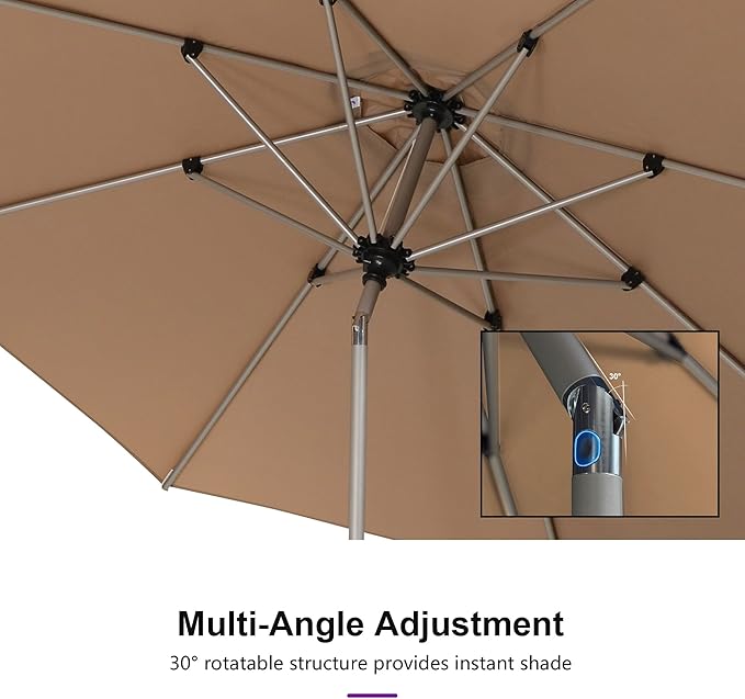 PURPLE LEAF 9' Round Patio Umbrella with Tilt Adjustment, Outdoor Table Umbrella Champagne Aluminum Frame, Market Umbrella Pool Umbrella for Deck Garden, Patio, or Poolside