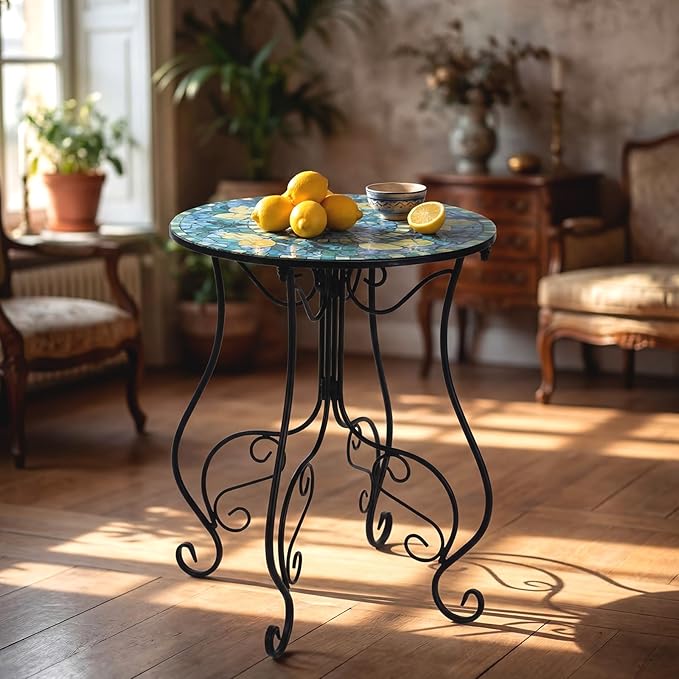 Geelin 14 Inch Lemon Small Outdoor Patio Side Table Lemon Round Mosaic Side Table Accent Indoor End Plant Metal Coffee Tea Furniture for Yard Porch Garden Living Room Bedroom