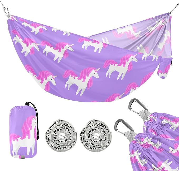 Unicorn Pink Purple Camping Portable Swing Fabric Hammocks with Tree Straps 330 lbs Capacity for Travel Hiking Indoor Outdoor