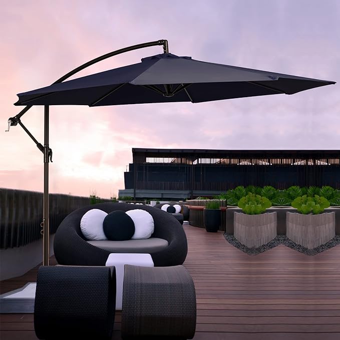 MEWAY 10ft Outdoor Umbrella Patio Offset Cantilever Umbrella, Hanging Umbrella with Crank & Cross Base, Market Umbrella UV Protection Waterproof for Deck Pool
