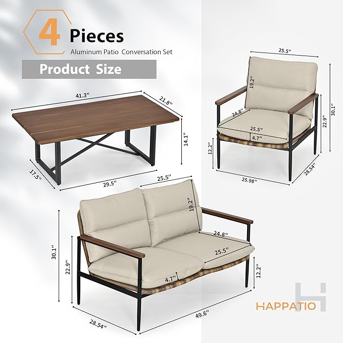 HAPPATIO 4-Piece Outdoor Furniture Set, Aluminum Patio Converation Set with Wicker Seat and Acacia Wood Armrest, Loveseat Sofa Set with Olefin Cushion and Wood Table for Garden Lawn Backyard