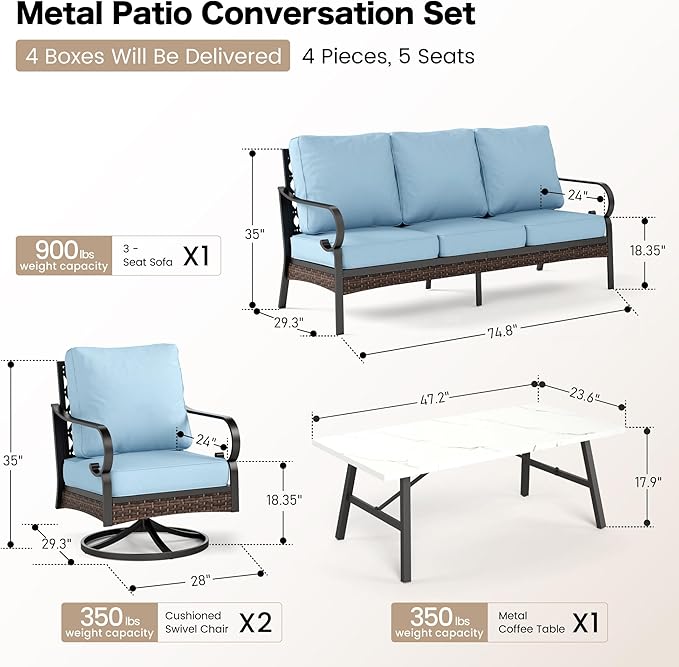 4 PCS Metal Outdoor Patio Furniture Set, Patio Conversation Sets 1 3-Seater Sofa, 2 Swivel Chairs with 5.75" Extra Thick Cushion & Coffee Table, Black Frame Backyard Furniture, Blue