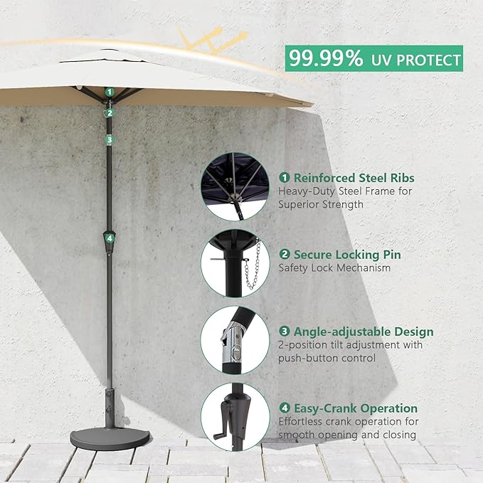 Helios&Hestia 9 ft Small Half Round Wall Outdoor Market Patio Umbrella with Tilt and Crank for Garden, Deck, Balcony