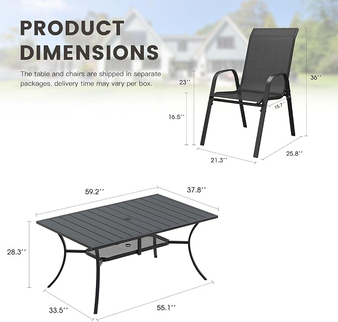 7 Pieces Outdoor Dining Set, 59.2" Rectangular Table with Umbrella Hole & Stackable Patio Dining Chairs, Patio Table and Chairs Set for Deck Garden Porch, Black Chairs & Black Table