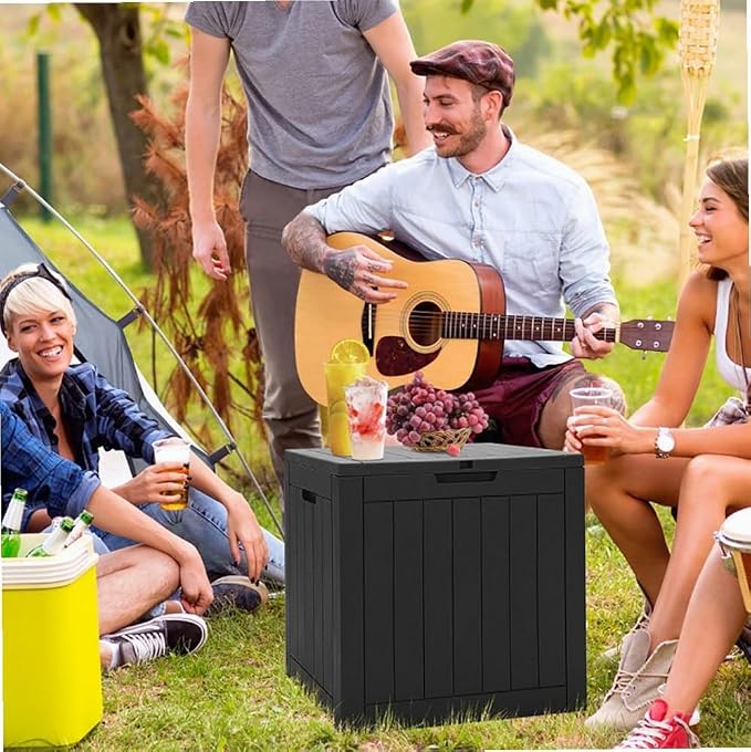 Black 30-Gallon PP Woodgrain Deck Box Outdoor Storage Seat with Waterproof Lid, 22x17x21in for Patio