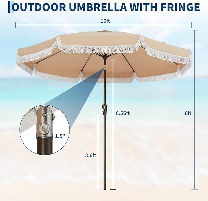 Garvee 10FT Fringe Patio Umbrella with Crank Handle, Push Button Tilt for Sun Shade, 8 Fiberglass Ribs, 1.5"D Premium Steel Pole, Outdoor Large Tassel Umbrella for Patio Beach Pool Backyard, 10' Beige