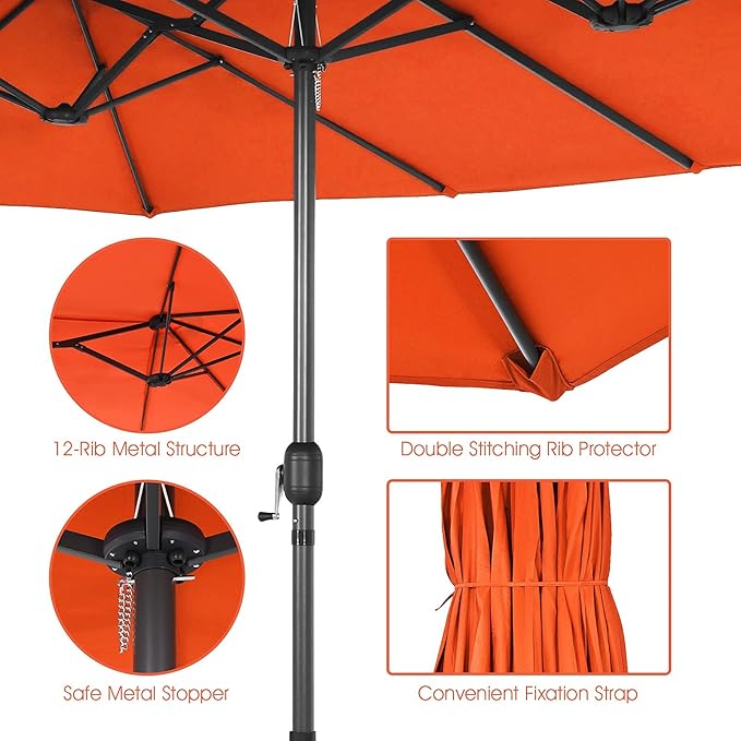 Tangkula 15FT Double-Sided Patio Umbrella, Outdoor Market Umbrella W/Hand-Crank System & Enhanced Base, Ultra-Large Twin Garden Umbrella W/ 12-Rib Structure for Residential & Commercial Use (Orange)
