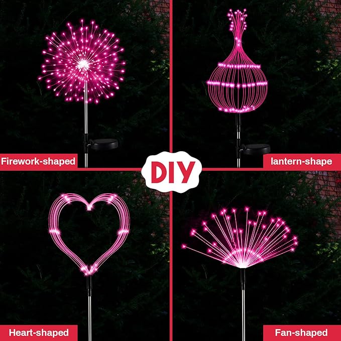 Tujoe 6 Pcs 4th of July Solar Firework Lights Patriotic Solar Light Outdoor Garden 120 LED 8 Modes Waterproof LED Sparkler Light for 250th Anniversary Patio Yard Pathway Walkway (Red,Pink)