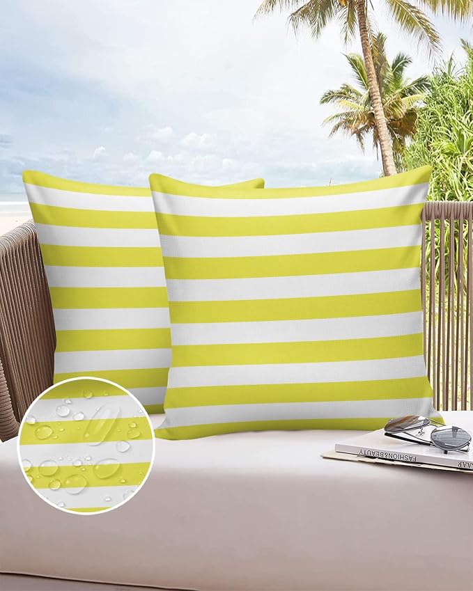 Outdoor Waterproof Pillow Covers for Patio Furniture Yellow and White Stripes Decorative Throw Pillow Cover Solid Striped Pillowcases Set of 2 Cushion Case for Sofa Couch Chair 24 x 24 in