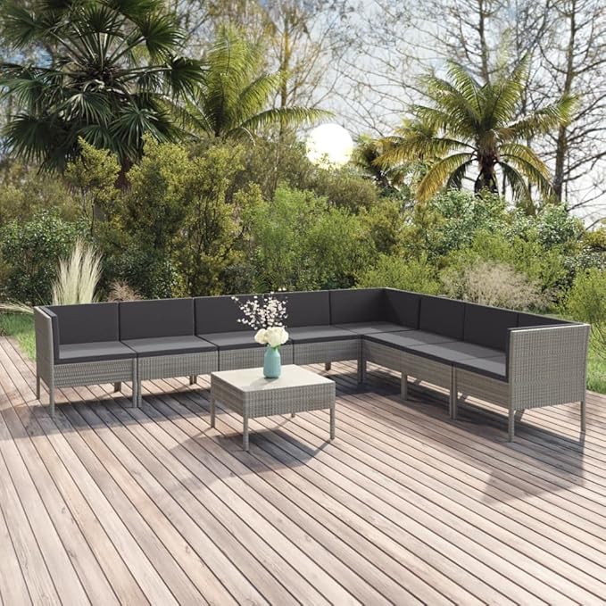 Patio Lounge Set with Cushions,Patio Furniture Sets,Patio Conversation Sets,Outdoor Furniture Sets,for Garden,Backyard,Outdoor,9 Piece Poly Rattan Gray
