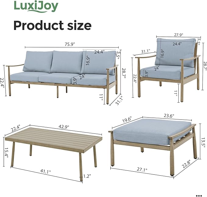 6 Pieces Aluminum Outdoor Patio Furniture Sets with Coffee Table, Cushioned 3-Seat Couch and Armchairs with Ottomans, All Weather Conversation Set for Yard Proch Deck, Blue & Brown