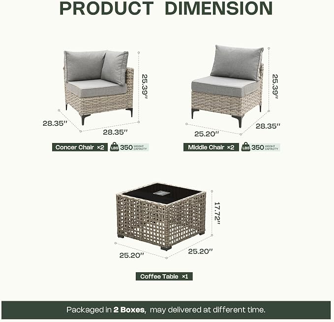 5 Piece Outdoor Sectional Patio Furniture Set with Solar Lighted Coffee Table, Modular Wicker Conversation Set with Flexible L-Shaped Layout for Porch Balcony Backyard, Dark Gray