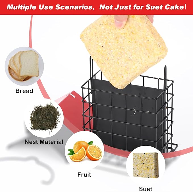 Gbekery All-Metal Double Suet Bird Feeder for Outdoors Hanging, Suet Cake Cage Holder with Weather-Resistant Roof & Perch for Outside Garden, Red