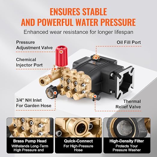 VEVOR Pressure Washer Pump, 3/4" Shaft Horizontal Triplex Plunger, 3300 PSI, 2.5GPM, Replacement Power Washer Pumps Kit with 5 Nozzles, Compatible with Simpson MorFlex 40224, 40225, 40226, Santoprene