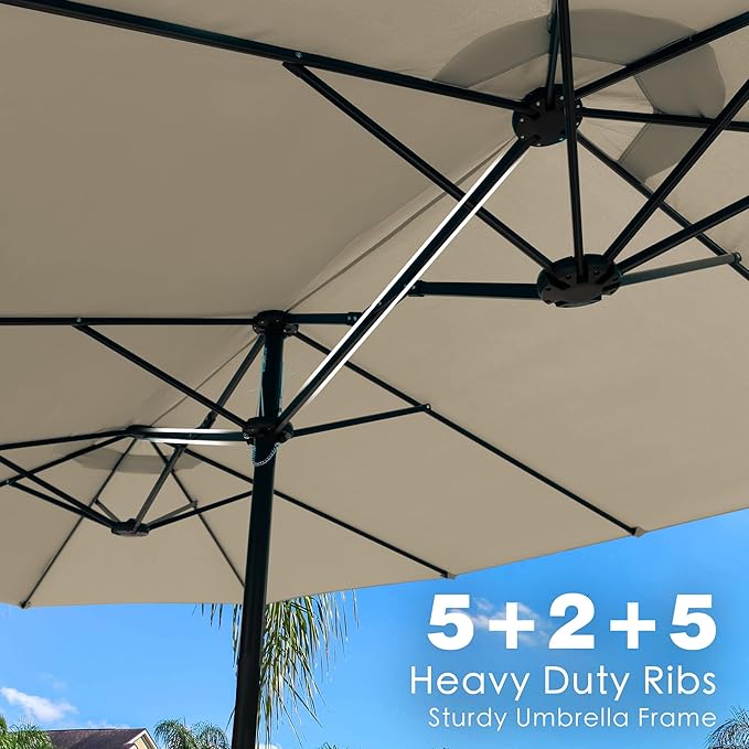 Kozyard 15 FT Double-Sided Rectangular Patio Umbrella, Base Included, Crank Lift Outdoor Patio Umbrella with UV Protection for Backyard, Pool & Garden Beige