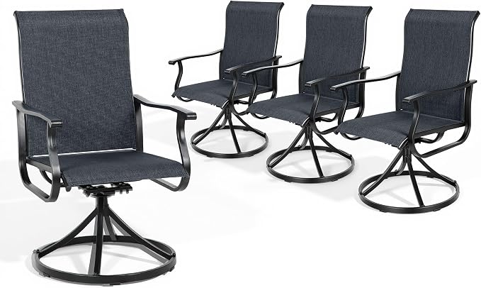 Crownland Outdoor Swivel Dining Chair Set of 4, All Weather 360° Swivel Rocking High Back Model Patio Dining Chairs, Textilene Fabric Wrought Iron Dining Chair Set for Backyard, Lawn, Garden(Black)