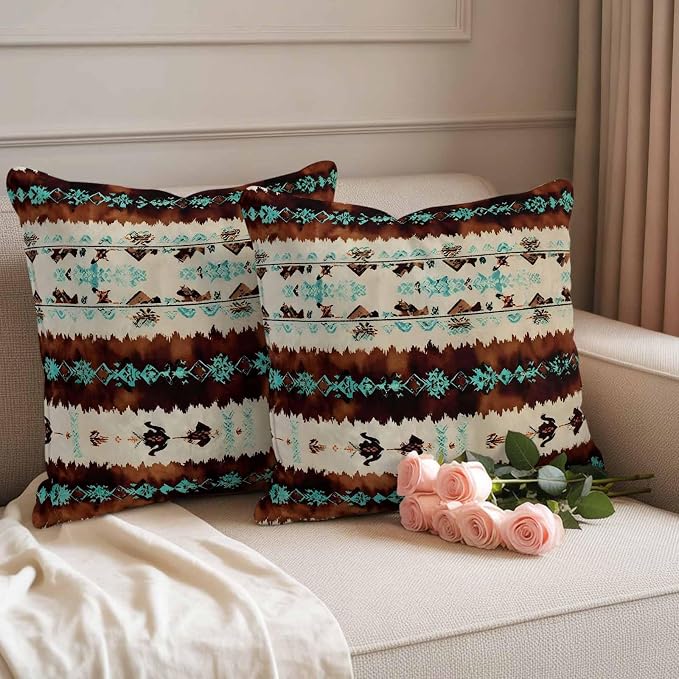 Western Aztec Outdoor Pillow Covers 26"x26" Set of 2, Brown Turquoise Tribal Ethnic Geometric Waterproof Throw Pillow Covers for Patio Furniture, Decorative Cushion Covers for Porch