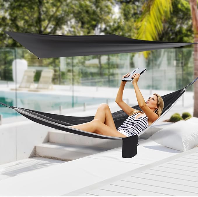 Black Camping Hammock, 290x140cm Hammock with Mosquito Net, Rain Fly Tarp, for Backpacking and Travel, Durable and Portable, for Outdoor Adventures, Easy to Set Up