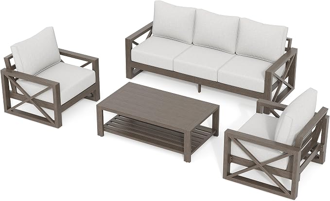 UDPATIO Aluminum Patio Furniture Set, Faux Wood Grain Modern Outdoor Furniture, 6" Cushions Metal Patio Conversation Sofa with Coffee Table for Poolside Deck, 6 PCS, Beige(Include 600D Covers)
