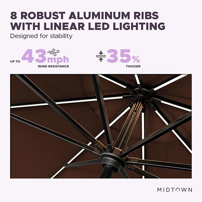 Midtown Umbrellas Led Swilt Sunbrella Umbrella, 8 Foot Patio Umbrella With Sunbrella Bay Brown Acrylic Fabric - Deck Patio Umbrella, Backyard Umbrella, Garden Umbrella & Pool Umbrella - Black Pole