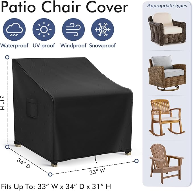 Richwon Patio Furniture Covers Waterproof for Chairs, Lawn Outdoor Chair Covers 2 Pack, Patio Chair Covers for Outdoor Furniture Fits up to 33W x 34D x 31H inches, Black