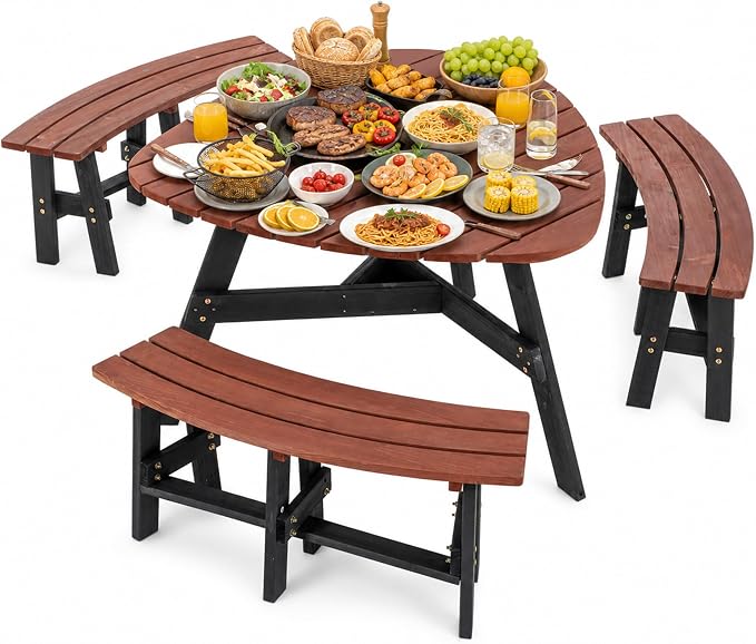 6-Person Semi-Circular Fir Wood Picnic Table, Brown Top/Black Legs, 3 Built-in Benches & Umbrella Hole, Patio