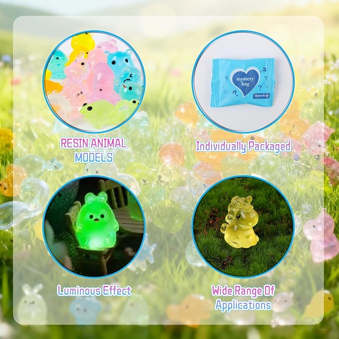 Mini Glow in The Dark Animal Resin Models,New Mystery Resin Animals Blind Bag,Mini Luminous Farm Ocean Figures,Animal Miniatures for Fairy Garden Accessories,Individually Wrapped Blind Bag(100PCS)