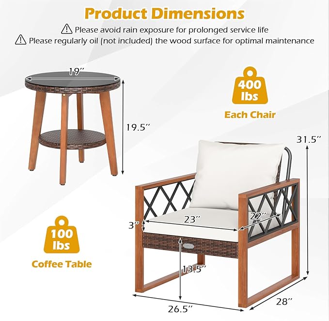 Tangkula 3 Pieces Patio Wicker Furniture Set with Acacia Wood Frame, Outdoor Conversation Cushioned Chairs and 2-Tier Tempered Glass Coffee Table for Porch, Balcony, Garden and Backyard (Off White)