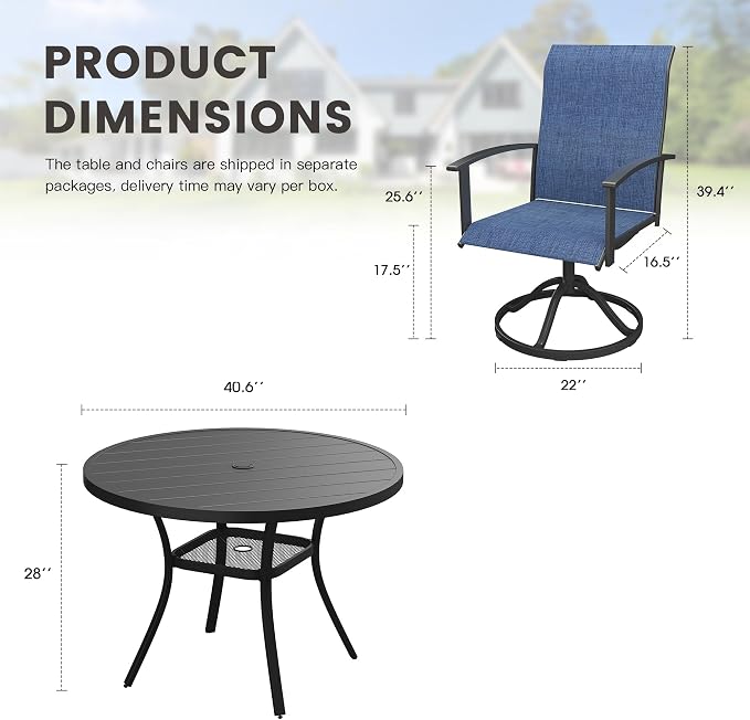 5 Pieces Round Patio Dining Set, Outdoor Furniture of 40.6" Round Patio Table and Patio Swivel Chairs for Backyard Lawn Garden, Black Table and Dark Blue Chairs