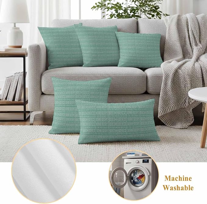 Outdoor Waterproof Throw Pillow Covers Set of 2 Green Stripes Grain Pillowcases 18x18 Inches Solid Color Decorative Pillows Cushion Case Patio Pillows for Couch Bed Chair Garden