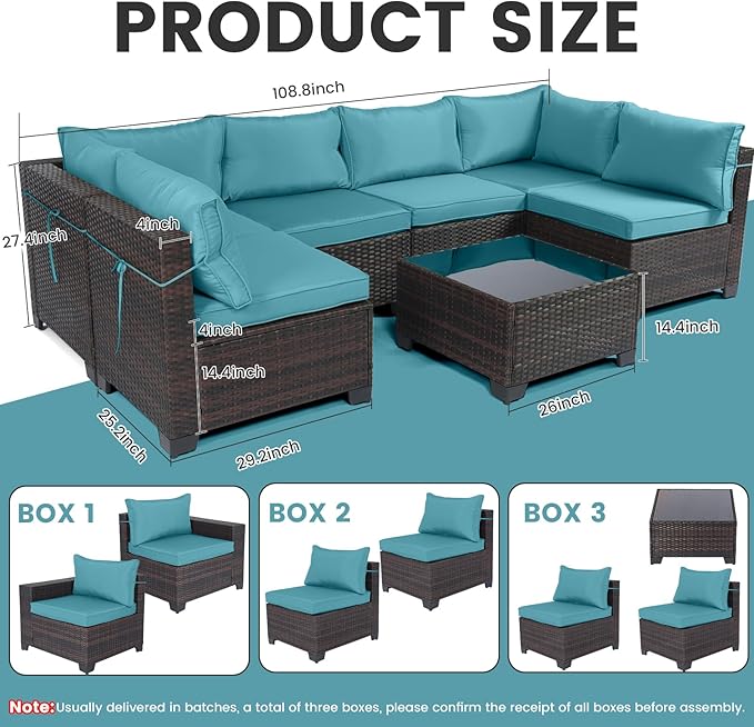 CHABATREE 7 Pieces Outdoor Patio Furniture Sets,Rattan Conversation Sectional Set,Manual Weaving Wicker Patio Sofa with Tea Table