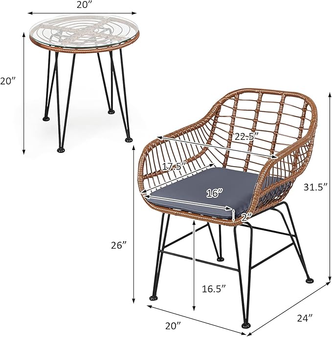 DORTALA 3 Piece Patio Bistro Set, Outdoor Wicker Furniture with Round Tempered Glass Top Table & 2 Rattan Armchairs, Cushions, Conversation Set for Porch, Backyard, Garden, Grey