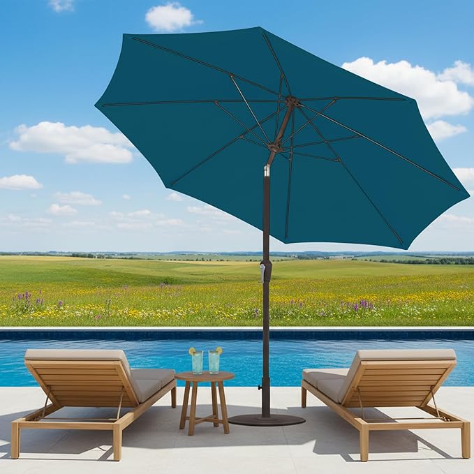 11FT Patio Umbrella, Outdoor Umbrella with with 8 Sturdy Fiberglass Ribs,Market Table Umbrella with Push Button Tilt and Crank,Suit for Backyard,Garden,Pool,Deck(Lake Blue)