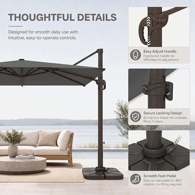 Cantilever Patio Umbrella, Large Square Outdoor Offset Umbrella with Aluminum Pole, 360-degree Rotation for Garden, Deck, Pool