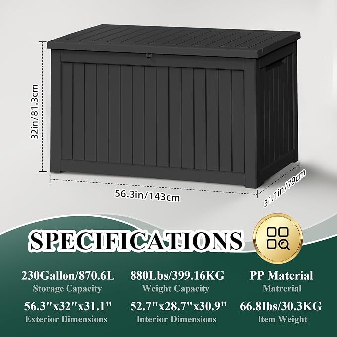 PatioZen 230 Gallon Resin Deck Box Outdoor Storage Box with Lockable Lid, Waterproof for Patio Cushions, Gardening Tools & Exercise Equipment