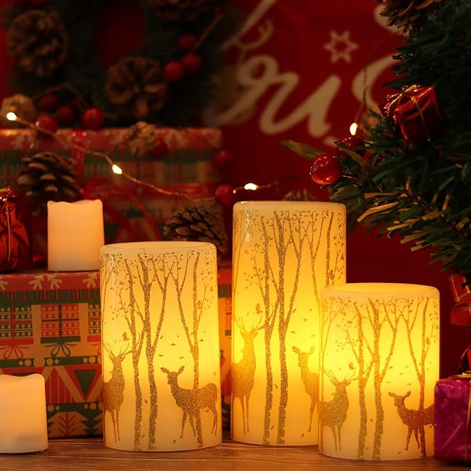Wondise Flameless Flickering Candles with Timer, Battery Operated Real Wax Gold Deer Decal LED Pillar Candles for Christmas Holiday Home Decoration, Set of 3(3 x 4,5,6 Inch)