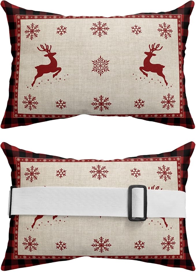 Outdoor Pillows Covers with Inserts Christmas Elk Snowflake Red Black Buffalo Plaid Waterproof Pillow with Adjustable Strap Throw Pillows for Patio Furniture Recliner Lounge Chair, 11x16 inch, 1PCS