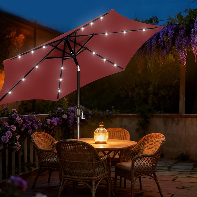 Blissun 7.5 ft Solar Umbrella, 18 LED Lighted Patio Umbrella, Table Market Umbrella