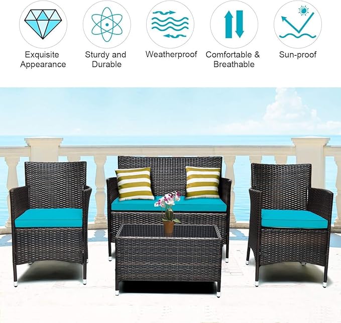 COSTWAY 8PCS Rattan Patio Furniture Set, Outdoor Wicker Rattan Chairs with Coffee Table, Rattan Cushioned Conversation Set for Backyard Balcony Porch Poolside, Turquoise