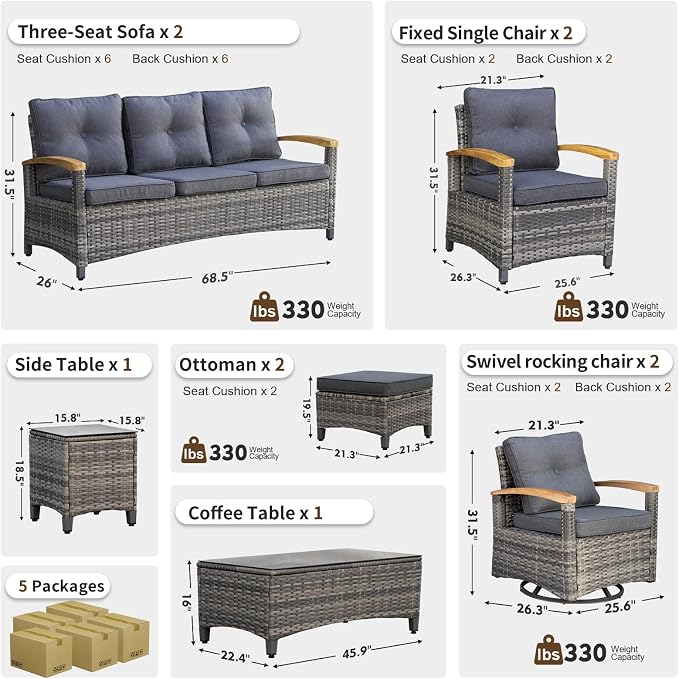 MEISSALIVVE 10 Pieces Outdoor Patio Furniture Sets, Wicker Patio Conversation Sets with 2 Wood Armrests Swivel Glide Chairs,2 Single Chairs, Outdoor Couch and Coffee Table(Grey)